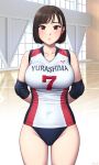  1girl arms_behind_back black_buruma black_hair border breasts brown_eyes buruma cameltoe closed_mouth commentary_request covered_navel cowboy_shot elbow_sleeve gym highleg highres indoors large_breasts looking_at_viewer original shirt short_hair sleeveless sleeveless_shirt sportswear standing thighs volleyball_uniform white_shirt window yurashima 