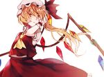  ascot ashisaki asymmetrical_hair blonde_hair crystal flandre_scarlet hat hat_ribbon looking_at_viewer mob_cap parted_lips puffy_sleeves red_eyes ribbon shirt short_sleeves side_ponytail simple_background skirt skirt_set solo touhou vest white_background wings wrist_cuffs 
