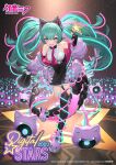  1girl animal_ear_headphones animal_ears aqua_eyes aqua_hair arm_tattoo artist_name black_gloves black_skirt black_thighhighs breasts cat_ear_headphones center_frills commentary_request copyright_notice cross-shaped_pupils digital_stars digital_stars_miku digital_stars_miku_(2023) fake_animal_ears frilled_skirt frills full_body gloves hatsune_miku headphones highres izumi_sai jacket leg_up logo looking_at_viewer megaphone number_tattoo official_art open_clothes open_jacket pink_gloves purple_jacket purple_shoes second-party_source sharp_teeth shirt shoes single_thighhigh skirt solo speaker star_(symbol) symbol-shaped_pupils tattoo teeth thighhighs two-tone_gloves white_shirt 