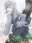  :d animal_ears ass aurora_e_juutilainen black_legwear from_behind grey_eyes grey_hair highres long_hair long_sleeves looking_back military military_uniform mishiro_shinza open_mouth pantyhose smile solo striker_unit tail twitter_username uniform wolf_ears wolf_tail world_witches_series 