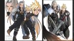  2boys armor baggy_pants bandaged_arm bandages bangle belt black_boots black_cape black_coat black_gloves black_sleeves black_vest black_wings blonde_hair blue_eyes boots bracelet brown_belt brown_boots brown_gloves cape chest_strap cloud_strife coat comparison crossed_swords final_fantasy final_fantasy_vii final_fantasy_vii_advent_children fusion_swords gloves green_eyes grey_hair jewelry ljnww6 long_bangs long_coat long_hair male_focus masamune_(ff7) multiple_boys pants parted_bangs pauldrons sephiroth short_hair shoulder_armor single_bare_shoulder single_pauldron single_sleeve single_wing sleeveless sleeveless_turtleneck spiked_hair suspenders sword turtleneck vest waist_cape weapon white_background wings 