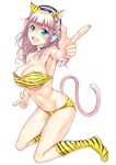  animal_ears animal_print bikini blush boots breasts cat_ears cat_tail cleavage fang ganari_ryuu green_eyes headphones headset highres large_breasts long_hair looking_at_viewer midriff navel open_mouth original pink_hair pointing smile solo super_tama_musume swimsuit tail tamatoys tiger_print 