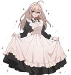  1girl absurdres ahoge alternate_costume apron black_dress black_hair brown_eyes brown_hair dress enmaided glasses hair_between_eyes hana20000920 highres hololive hololive_english long_dress long_hair long_sleeves looking_at_viewer maid maid_apron maid_headdress multicolored_hair nanashi_mumei open_mouth round_eyewear simple_background skirt_hold solo streaked_hair virtual_youtuber white_apron white_background white_hair 