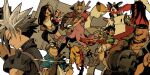  3girls 5boys aerith_gainsborough animal animal_on_head arm_tattoo armor ascot asymmetrical_legwear bandaged_hand bandages bangle bare_shoulders barret_wallace beard belt black_fur black_gloves black_hair black_skirt black_socks blue_eyes blue_jacket boots bracelet braid braided_ponytail breasts brown_boots brown_eyes brown_hair buster_sword cait_sith_(final_fantasy) cape cat cat_on_head center_opening chain chain_necklace chest_strap cid_highwind cigarette clawed_gauntlets cleavage cloak closed_mouth cloud_strife crop_top cropped_jacket crown d_d_work dark-skinned_male dark_skin dress earrings elbow_gloves elbow_pads facial_hair facial_mark fangs fangs_out feather_hair_ornament feathers final_fantasy final_fantasy_vii fingerless_gloves fire flame-tipped_tail full_body furrowed_brow gloves goggles goggles_on_head green_eyes green_shirt grey_belt grey_shirt grey_vest grin hair_ornament hair_ribbon headband highres holding holding_cigarette holding_megaphone holding_staff holding_sword holding_weapon jacket jewelry large_breasts long_dress long_hair loose_socks materia megaphone midriff mini_crown miniskirt moogle multiple_boys multiple_girls necklace on_head open_fly open_mouth orange_fur parted_bangs pauldrons pink_dress pink_ribbon prosthetic_weapon puffy_short_sleeves puffy_sleeves red_cape red_cloak red_eyes red_gloves red_hair red_headband red_jacket red_xiii ribbon scar scar_across_eye scar_on_face sharp_teeth shirt short_hair short_sleeves shorts shoulder_armor sidelocks single_braid single_elbow_pad single_fishnet_legwear single_pauldron skirt skull_tattoo sleeveless sleeveless_turtleneck sleeves_rolled_up smile smirk smoke socks staff stubble sword tail tattoo teeth tifa_lockhart turtleneck tuxedo_cat two-tone_fur upper_body very_short_hair vest vincent_valentine weapon white_ascot white_fur white_gloves white_shirt white_shorts yuffie_kisaragi 