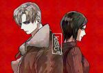  1boy 1girl ada_wong back-to-back black_hair blonde_hair breasts brown_jacket closed_mouth dress fur-trimmed_jacket fur_trim harness highres jacket leon_s._kennedy light_smile medium_breasts nul parted_bangs red_background red_sweater resident_evil resident_evil_4 short_hair sweater sweater_dress turtleneck turtleneck_dress turtleneck_sweater upper_body 