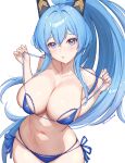  1girl absurdres bare_arms bare_shoulders bikini blue_bikini blue_eyes blue_hair blush breasts cleavage collarbone commentary_request cowboy_shot crossed_bangs frilled_bikini frills goddess_of_victory:_nikke hair_between_eyes hair_ornament halterneck helm_(aqua_marine)_(nikke) helm_(nikke) high_ponytail highres large_breasts long_hair looking_at_viewer multi-strapped_bikini_bottom navel official_alternate_costume parted_lips ponytail raised_eyebrows rakuri_(rwrn5475) side-tie_bikini_bottom sidelocks simple_background skindentation solo standing stomach strap_pull string_bikini swimsuit twitter_username very_long_hair wet white_background 