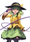  black_legwear blurry green_eyes green_hair hat hat_ribbon heart heart-shaped_pupils knife komeiji_koishi long_sleeves looking_at_viewer newnand open_mouth phone ribbon shaded_face shirt short_hair simple_background skirt smile solo string symbol-shaped_pupils thighhighs touhou white_background wide_sleeves zettai_ryouiki 