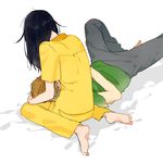  1girl barefoot black_hair brown_hair casual couple hetero kitashirakawa_tamako lap_pillow long_hair momose_(oqo) ooji_mochizou short_hair tamako_market 