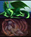 acidic ambiguous_gender ambiguous_pred anthro anthro_prey bodily_fluids dragon duo feral feral_pred green_eyes green_wings grey_body grey_scales hi_res inside_stomach internal licking licking_lips licking_own_lips lying male male_prey membrane_(anatomy) membranous_wings mythological_creature mythological_scalie mythology narrowed_eyes nude on_side open_mouth purple_eyes purple_tongue scales scalie sharp_teeth sitting spade_tail species_request stomach_acid tail teeth tongue tongue_out vore wings