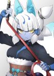  1girl :&lt; animal_ears belt black_shirt blue_gloves blue_necktie blue_skin blush bracelet brown_belt collared_shirt colored_skin elbow_gloves extra_ears fingerless_gloves fox_ears fox_girl fur_trim ginkaku_(kemono_friends) gloves gourd hair_tubes highres horns jewelry kemono_friends kemono_friends_3 long_sleeves looking_at_viewer necktie quad_tails shikirisu457 shirt short_hair short_twintails single_horn slit_pupils solo twintails upper_body whip white_fur white_hair yellow_eyes 