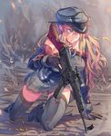  assault_rifle bare_shoulders bismarck_(kantai_collection) black_gloves blonde_hair blood blood_on_face blue_eyes breasts bullet commentary_request daito detached_sleeves frown gloves grey_legwear gun hat iron_cross kantai_collection large_breasts long_hair messy_hair peaked_cap rifle scope shell_casing shooting_gloves smoke stg44 thighhighs tracer_fire under_fire weapon 