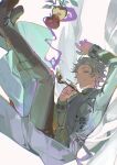  1boy absurdres apple arm_up belt black_boots black_shirt boots chinese_commentary coat commentary_request commission falling food fruit grey_belt grey_coat grey_pants grin highres holding holding_smoking_pipe kiseru knee_boots male_focus no_gloves open_belt open_clothes open_coat pants purple_hair red_eyes saibou_shinkyoku second-party_source shirt short_hair shuiyemusan smile smoking_pipe solo theodore_riddle 