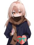  1girl :o ? absurdres ahoge alternate_costume alternate_hairstyle black_coat box brown_eyes brown_hair brown_scarf closed_mouth coat crossed_bangs dot_mouth gift hair_between_eyes hair_ornament hairclip hana20000920 happy_valentine heart heart-shaped_box highres holding holding_gift hololive hololive_english long_coat long_hair long_sleeves looking_at_viewer low_twintails multicolored_hair nanashi_mumei open_mouth plaid_clothes plaid_scarf scarf simple_background solo sparkle streaked_hair twintails upper_body valentine virtual_youtuber white_background 