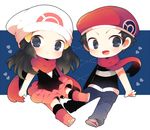  1girl :d bad_id bad_tumblr_id beanie beret black_hair blush boots chibi full_body hair_ornament hairclip hat heart hikari_(pokemon) kouki_(pokemon) kyou_(nekoneko) long_hair looking_at_viewer open_mouth pants pokemon pokemon_(game) pokemon_dppt red_scarf scarf skirt smile sparkling_eyes 