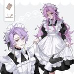  2boys absurdres alternate_costume angry antenna_hair apron black_dress black_gloves black_ribbon bow bowtie chinese_commentary closed_mouth commentary_request crossdressing curtained_hair dress earrings enmaided frown gloves grey_background grin hair_ribbon haoe_(157876) hatsutori_hajime highres jewelry long_hair long_sleeves maid maid_apron maid_headdress male_focus multiple_boys otoko_no_ko parted_bangs pink_hair purple_hair red_eyes ribbon saibou_shinkyoku short_hair sidelocks smile sparkle squiggle theodore_riddle very_long_hair white_apron white_bow white_bowtie 