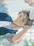 1boy black_hair blush_stickers bokuto_koutarou closed_mouth drying drying_hair haikyuu!! hair_dryer highres holding holding_hair_dryer ilst_prac_hq looking_at_viewer male_focus messy_hair multicolored_hair shirt short_hair sideways slit_pupils solo streaked_hair towel towel_around_neck two-tone_hair white_shirt yellow_eyes 