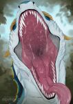 ambiguous_gender artist_name bodily_fluids dragon drooling eyes_closed feral frill_(anatomy) front_view hi_res horn mouth_shot mythological_creature mythological_scalie mythology neck_frill open_mouth outside saliva saliva_on_tongue saliva_string santanahoffman scales scalie solo text white_body white_scales yellow_horn