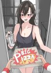  1boy 1girl absurdres beer_can black_eyes black_hair breasts camisole can doorway drink_can drunk fuku_(fuku12290574) highres large_breasts long_hair original pizza_box pov pov_doorway 
