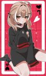  1girl absurdres ahoge animal_print bear_print black_choker black_hair black_ribbon black_shirt black_socks blush brown_eyes brown_hair choker commentary crossed_bangs dot_nose hair_between_eyes hair_intakes hair_ornament hair_ribbon hairpin hana20000920 highres hololive hololive_english lace lace_choker long_hair long_sleeves looking_at_viewer multicolored_hair nanashi_mumei open_mouth oversized_clothes oversized_shirt print_shirt red_background ribbon shirt sidelocks sitting sleeves_past_fingers sleeves_past_wrists socks solo streaked_hair symbol-only_commentary twintails virtual_youtuber wariza white_hair 