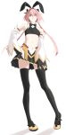  1boy absurdres animal_ears armlet astolfo_(fate) astolfo_(saber)_(fate) bell_sleeves black_bow black_bowtie black_gloves black_thighhighs bow bowtie crossdressing facing_viewer fake_animal_ears fate/apocrypha fate/grand_order fate_(series) gloves hair_bow hand_on_own_hip hand_on_own_leg hekituki8250 highres jewelry long_hair looking_at_viewer male_focus mary_janes midriff multiple_hair_bows navel otoko_no_ko pink_eyes pink_hair pleated_skirt rabbit_ears shoe_buckle shoes skirt smile solo solo_focus thighhighs twintails white_background 