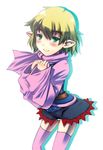  blonde_hair blush green_eyes inuga_anahoru mizuhashi_parsee panties pantyshot pink_legwear pink_panties pointy_ears scarf solo thighhighs touhou underwear white_background 