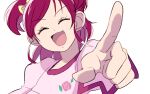  1girl bow buntatta closed_eyes floral_print hair_bow highres index_finger_raised long_sleeves multiple_hair_bows open_mouth pink_hair pink_shirt precure shirt short_hair solo_focus two_side_up visible_ears white_background yes!_precure_5 yumehara_nozomi 