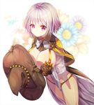  armor bad_id bad_twitter_id bikini_armor blush breasts brown_gloves cape floral_background gambe gloves hat hat_removed headwear_removed large_breasts panties purple_eyes short_hair silver_hair solo underwear witch_hat yellow_panties 