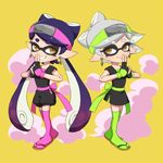  2girls aori_(splatoon) bad_id bad_pixiv_id bangs brown_eyes cousins domino_mask dress earrings fingerless_gloves flat_chest forehead_protector full_body gloves green_legwear grin hair_rings hands_together headband hotaru_(splatoon) japanese_clothes jewelry kuji-in kunai light_smile long_hair looking_at_viewer mask mole mole_under_eye multiple_girls ninja pink_legwear pointy_ears purple_hair riko_(sorube) sandals sash short_dress short_eyebrows short_hair shuriken side_slit silver_hair simple_background smile smoke splatoon_(series) splatoon_1 standing swept_bangs tabi thighhighs unitard weapon yellow_background 