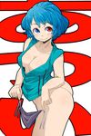  aono3 ass background_text blue_eyes blue_hair bottomless breasts cleavage collarbone commentary_request cowboy_shot dress_shirt heterochromia large_breasts looking_at_viewer looking_up no_bra outline panties panties_removed purple_panties red_eyes shirt short_hair sleeveless smile solo tatara_kogasa touhou twisted_torso underwear 
