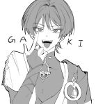  1boy :p akanbe armor black_mouth blunt_ends bodysuit cape covered_collarbone eyelid_pull finger_to_eye fingernails gem genshin_impact greyscale hair_intakes hand_up highres index_finger_raised japanese_armor kote looking_at_viewer male_focus mandarin_collar middle_ring monochrome no6_gnsn open_mouth portrait romaji_text rope scaramouche_(genshin_impact) sharp_teeth short_sleeves shoulder_peek solo teeth tongue tongue_out tsurime vision_(genshin_impact) wanderer_(genshin_impact) white_background wispy_bangs 