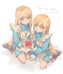 2boys aged_down apple apron blonde_hair blue_eyes bow brothers brown_shoes child collared_jacket crossdressing english_text food frills fruit green_jacket highres holding holding_food holding_fruit jacket long_hair maid_apron male_focus millions_knives mole mole_under_eye multiple_boys otoko_no_ko paper sasuke72806332 seiza shoes siblings simple_background sitting trigun twins vash_the_stampede white_background white_bow 
