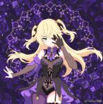  &gt;:) 1girl asymmetrical_legwear black_bow black_dress black_gloves black_thighhighs blonde_hair bnelsey bow bowtie breasts brooch colored_eyepatch cowboy_shot dress english_commentary eyepatch fischl_(genshin_impact) floating_hair floral_background garter_straps genshin_impact gloves green_eyes hair_bow hand_on_own_face head_tilt jewelry layered_dress long_hair looking_at_viewer mismatched_legwear paid_reward_available pantyhose patterned_background purple_background purple_bow purple_bowtie purple_dress purple_pantyhose single_garter_strap single_glove single_leg_pantyhose small_breasts solo thighhighs twitter_username two-tone_dress two_side_up uneven_legwear v-shaped_eyebrows 