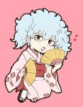  1boy chibi commentary commentary_request floral_print folding_fan full_body gintama grey_hair hand_fan heart holding holding_fan japanese_clothes kimono long_sleeves looking_at_viewer obi official_alternate_costume open_mouth orange_eyes otoko_no_ko pink_background pink_kimono red_sash sakata_gintoki sandals sash socks solo tabi twintails white_socks wide_sleeves yooooosksk zouri 