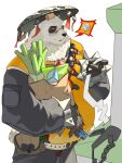  1boy animal_ears bag bara barcode_scanner belly black_fur black_pants bracelet chinese_clothes chyofurbug fat food food_on_head furry furry_male hashtag-only_commentary highres holding holding_bag jewelry looking_at_object male_focus multicolored_fur object_on_head pan_yinhu panda_boy panda_ears pants paper_bag plump receipt round_eyewear shirt speech_bubble spiked_bracelet spikes spoken_object spring_onion sweatdrop white_background white_fur wok yellow_shirt zenless_zone_zero 