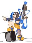  amplifier black_hair blue_hair blush breasts detached_sleeves electric_guitar fangs full_body guitar gun hair_over_one_eye highres hishigata instrument large_breasts long_sleeves middle_finger miniskirt multicolored_hair navel parody plaid plaid_skirt sakyou_(senran_kagura) senran_kagura senran_kagura_new_wave short_hair simple_background single_thighhigh skirt solo speaker standing star star_print style_parody thighhighs tongue tongue_out two-tone_hair underboob weapon white_background yellow_skirt 