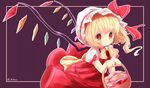  akisha apple ascot bad_id bad_pixiv_id basket blonde_hair bow dress flandre_scarlet food fruit hat hat_bow highres mob_cap puffy_short_sleeves puffy_sleeves red_dress red_eyes sash shirt short_sleeves side_ponytail smile solo touhou wings 