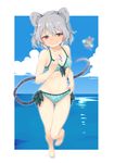  akagashi_hagane animal_ears bad_id bad_pixiv_id bare_arms bare_legs bare_shoulders barefoot bikini blue_sky blush border bow cloud day full_body grey_hair jewelry looking_at_viewer midriff mouse mouse_ears mouse_tail navel nazrin necklace ocean panties polka_dot polka_dot_bikini polka_dot_swimsuit red_eyes short_hair sky smile solo sunglasses sweat swimsuit tail touhou underwear water wavy_mouth 