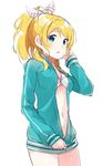  ayase_eli bikini_top blonde_hair blue_eyes blush bow cowboy_shot earrings hair_bow hair_tucking hood hooded_track_jacket hoodie jacket jewelry long_hair looking_at_viewer love_live! love_live!_school_idol_project navel open_clothes open_jacket open_mouth open_shirt ponytail shirt simple_background sleeves_past_wrists solo totoki86 track_jacket unzipping white_background 