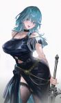  1girl aqua_hair black_choker black_dress blue_eyes breasts character_name choker cleavage dress female_byleth_(fire_emblem) fire_emblem fire_emblem:_three_houses highres holding holding_sword holding_weapon large_breasts maeshima_shigeki navel navel_peek revision see-through_clothes see-through_thighhighs simple_background solo sword thighhighs weapon white_background 