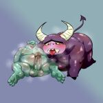 after_oral all_fours anthro balls belly blue_body blue_fur blush bodily_fluids cartoon_network disney duo eduardo_(fhfif) erection foster&#039;s_home_for_imaginary_friends fur genitals hi_res horn male male/male markings monster monsters_inc musk musk_clouds nipples oral overweight penis pixar purple_body purple_fur saliva saliva_string samonaa2 size_difference spots spotted_body spotted_fur sulley