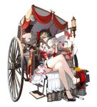  1girl absurdres black_hair black_shoes blue_eyes blush bow braid breasts card_(medium) carriage chariot cleavage covering_face crossed_legs folding_fan food full_body fur_trim haedungi_(shirayuki_hina) hair_bow hair_ornament hand_fan heart heart_hair_ornament high_heels highres holding holding_fan holding_tray large_breasts long_hair looking_at_viewer monocle pie red_bow roman_numeral shirayuki_hina shoe_dangle shoes simple_background single_braid sitting slow_2pin solo stellive tarot tea the_chariot_(tarot) thigh_strap tray virtual_youtuber wheel white_background 