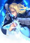  armor artoria_pendragon_(all) bare_shoulders blonde_hair fate/stay_night fate_(series) glowing hair_down joseph_lee long_hair saber solo sword weapon yellow_eyes 