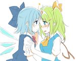  ascot blue_eyes blue_hair blush bow cirno colorized daiyousei fairy_wings forehead-to-forehead fujishiro_emyu green_hair hair_bow hair_ornament hair_ribbon hairclip ice ice_wings imminent_kiss looking_at_another multiple_girls open_mouth profile puffy_sleeves ribbon short_hair short_sleeves side_ponytail simple_background sketch star sweat touhou vest white_background wings yuri 