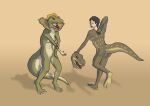 anthro biped breasts butt colored countershade_feet countershade_torso countershading dinosaur duo duo_transformation featureless_breasts feet female frill_(anatomy) human human_to_anthro mammal markings navel neck_frill non-mammal_breasts non-mammal_navel nude nude_female on_one_leg prehistoric_species raised_tail rear_view reptile scalie shaded shadow sharp_teeth species_transformation standing stoneheron suit_transformation tail tail_markings teeth transformation