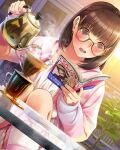  1girl anegasaki_nene bespectacled blush book brown_hair coffee coffee_maker collarbone dutch_angle embarrassed glass_table glasses hands_up highres holding holding_book holding_kettle holding_manga indoors jason_voorhees kettle long_sleeves looking_at_object love_plus manga_(object) medium_hair mole mole_under_eye official_art open_book open_mouth pajamas pigeon-toed pink_pajamas pink_socks plant potted_plant purple_eyes rabbit reading shelf sitting skirt socks solo steam stuffed_animal stuffed_rabbit stuffed_toy sunlight table yellow-framed_eyewear 