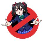  aiai_(okiraku_rough_nisshi) black_hair blazer bow ghostbusters hair_bow jacket love_live! love_live!_school_idol_project nico_nico_nii no_symbol open_mouth otonokizaka_school_uniform parody red_eyes school_uniform short_hair skirt solo transparent_background twintails yazawa_nico 