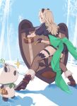 1girl amatsuna_sasaha animal_ears back_bow black_boots black_shirt blonde_hair blue_sky blush boots botan_(oacdrykafjf3g3d) bow brown_thighhighs clear_sky commentary_request fishnet_thighhighs fishnets full_body green_bow highres holding holding_shield long_hair looking_at_viewer looking_back nanashi_inc. open_mouth panda panda_ears panda_girl puffy_short_sleeves puffy_sleeves shield shirt short_sleeves sky snow solo thighhighs tree virtual_youtuber winter 