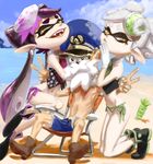  adapted_costume aori_(splatoon) beach beard bikini bikini_bottom black_hair chair commander_atarime cousins crop_top dabohaze_(artist) day domino_mask double_v earrings facial_hair fangs food food_on_head gloves grandfather_and_granddaughter green_bikini hat highres hotaru_(splatoon) jewelry kneeling long_hair mask mole mole_under_eye multiple_girls navel necktie object_on_head ocean open_mouth orange_eyes peaked_cap pointy_ears purple_bikini short_hair side-tie_bikini silver_hair sitting smile splatoon_(series) splatoon_1 sushi swimsuit tentacle_hair v water white_gloves 