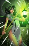  1girl black_cape black_hair black_hood breasts cape comic_cover commentary cover_image david_nakayama dc_comics dress english_commentary glowing green_lantern highres holding holding_staff hood hood_up hooded_cape initial lantern long_dress long_hair medium_breasts official_art side_slit solo staff standing tangent_green_lantern tight_clothes tight_dress white_dress 