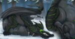 ambiguous_gender ambiguous_pred ambiguous_prey artist_name belly big_belly black_body black_sclera cutaway day dragon duo english_text feral feral_pred green_eyes green_markings green_tongue grey_body grey_wings hi_res huge_belly licking licking_lips licking_own_lips lying markings membrane_(anatomy) membranous_wings mythological_creature mythological_scalie mythology on_front outside paw_imprint plant santanahoffman scalie semi-anthro side_view snow solo_focus speech_bubble text tongue tongue_out tree vore wings